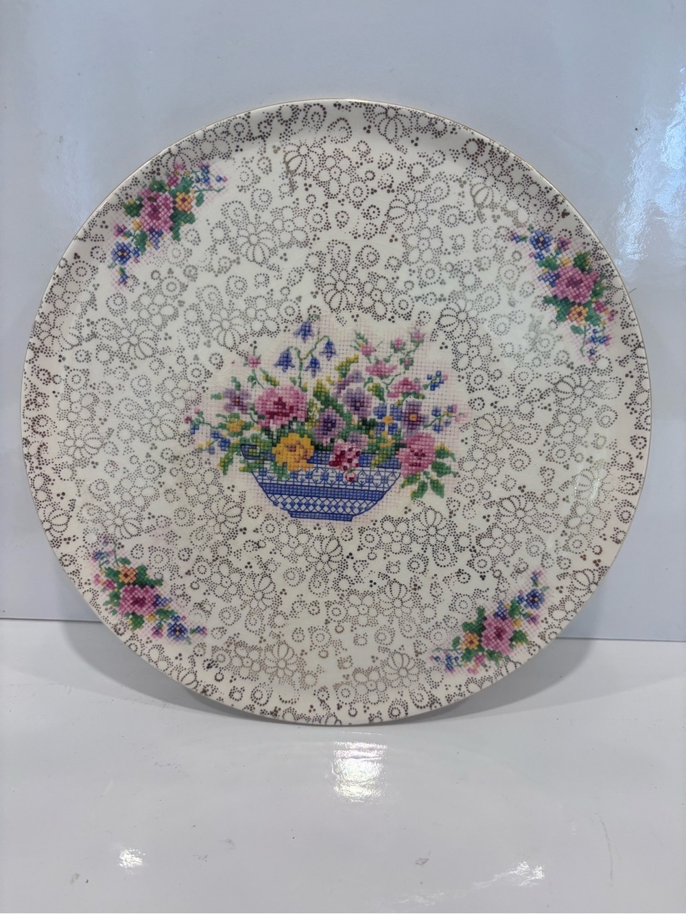 Platter Dish Floral Pattern Cross Stitch Gold Trim 10” Vintage H&K Tunstall